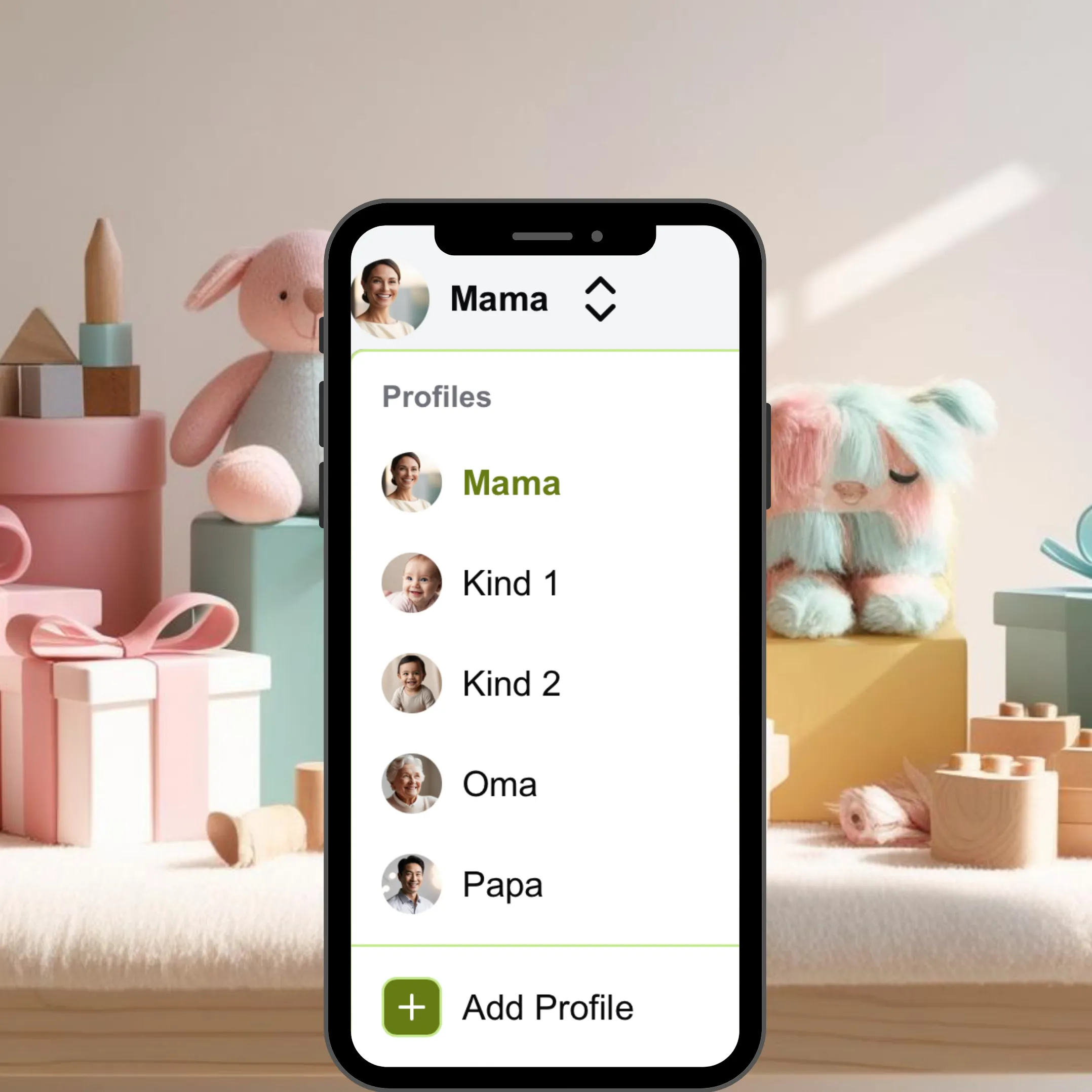 Illustratie van het wisselen tussen gebruikersprofielen op Wish2Share