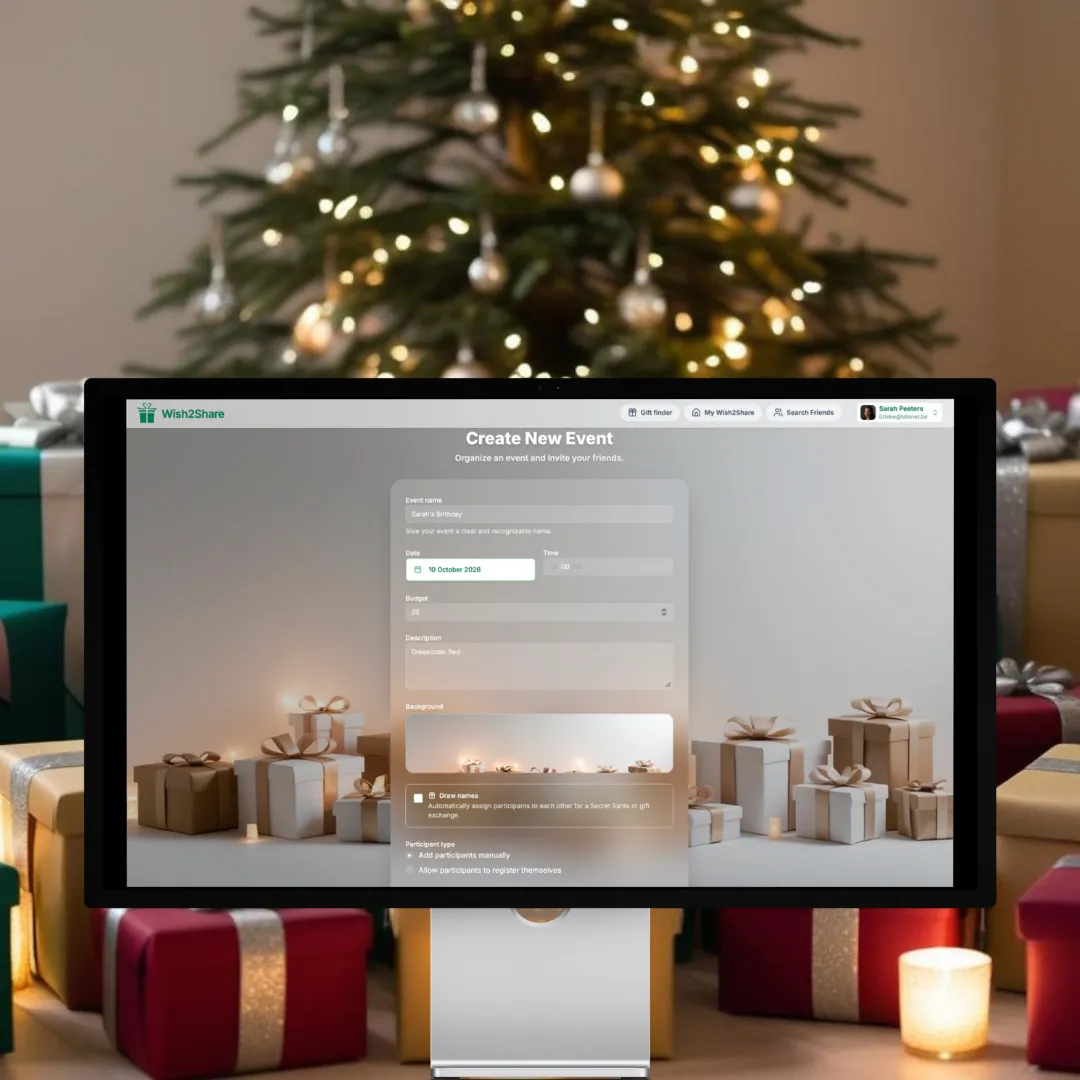 Screenshot of Wish2Share on a desktop screen: the Create New Event form with name, date, budget, background and the Draw names option