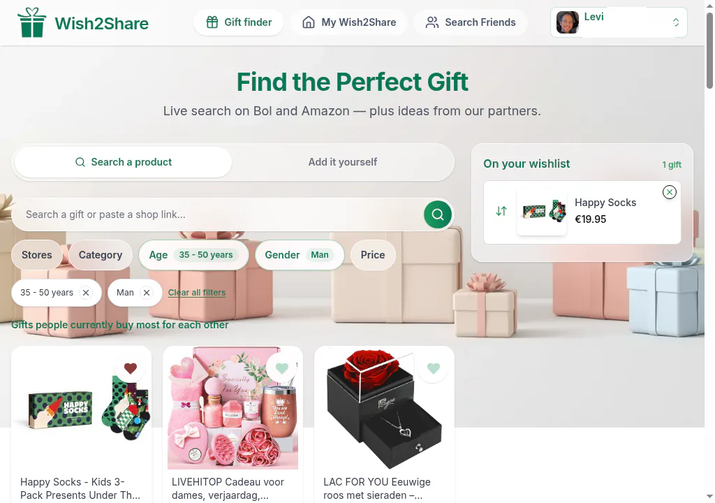 Screenshot des Wish2Share-Geschenkfinders mit Ergebnissen und Wunschliste