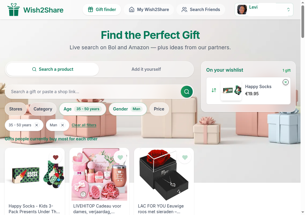Screenshot of the Wish2Share gift finder with results and wishlist