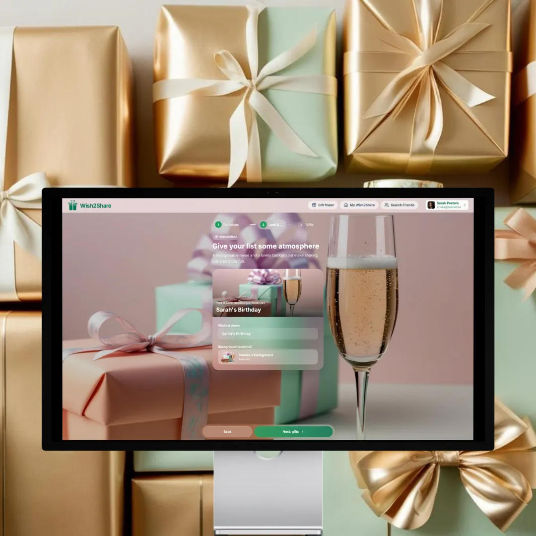 Screenshot of Wish2Share on a desktop screen: step 2 ‘Look & feel’ of creating the wishlist for Sarah’s birthday, with name and background photo