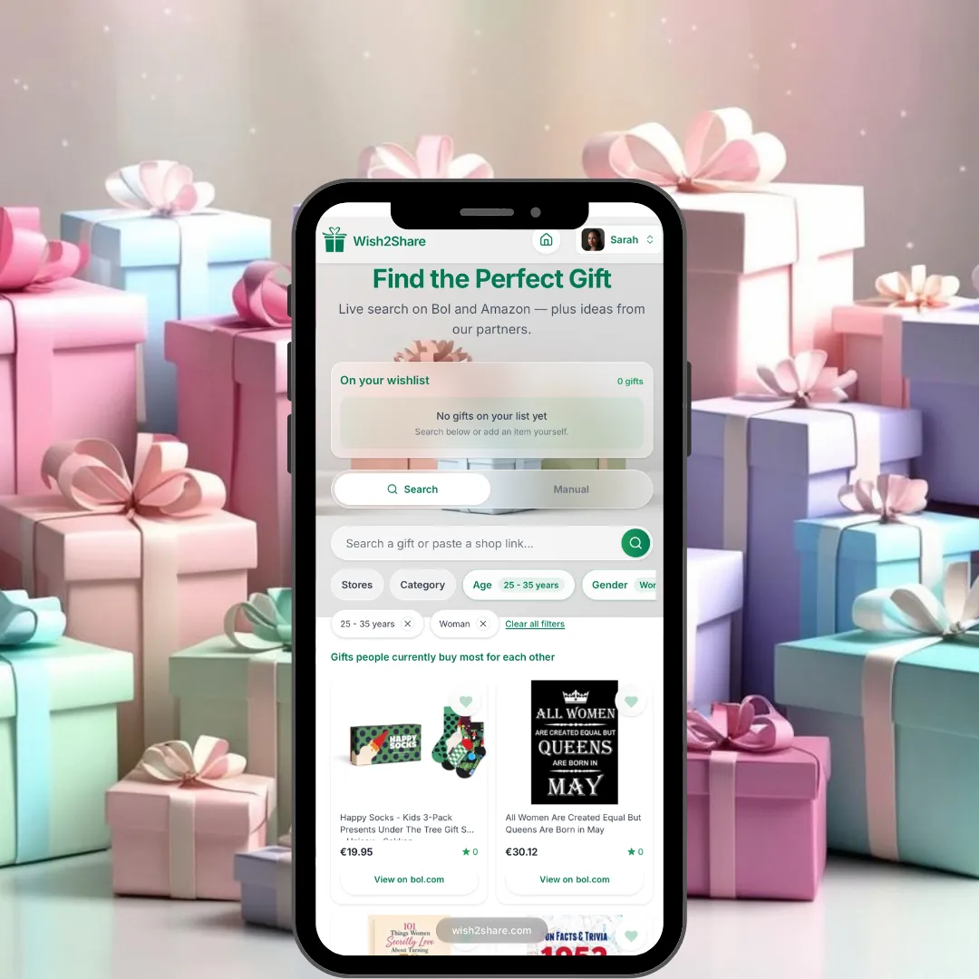 Screenshot of the Wish2Share gift finder on a smartphone: live search on Bol and Amazon, age and gender filters and popular gifts