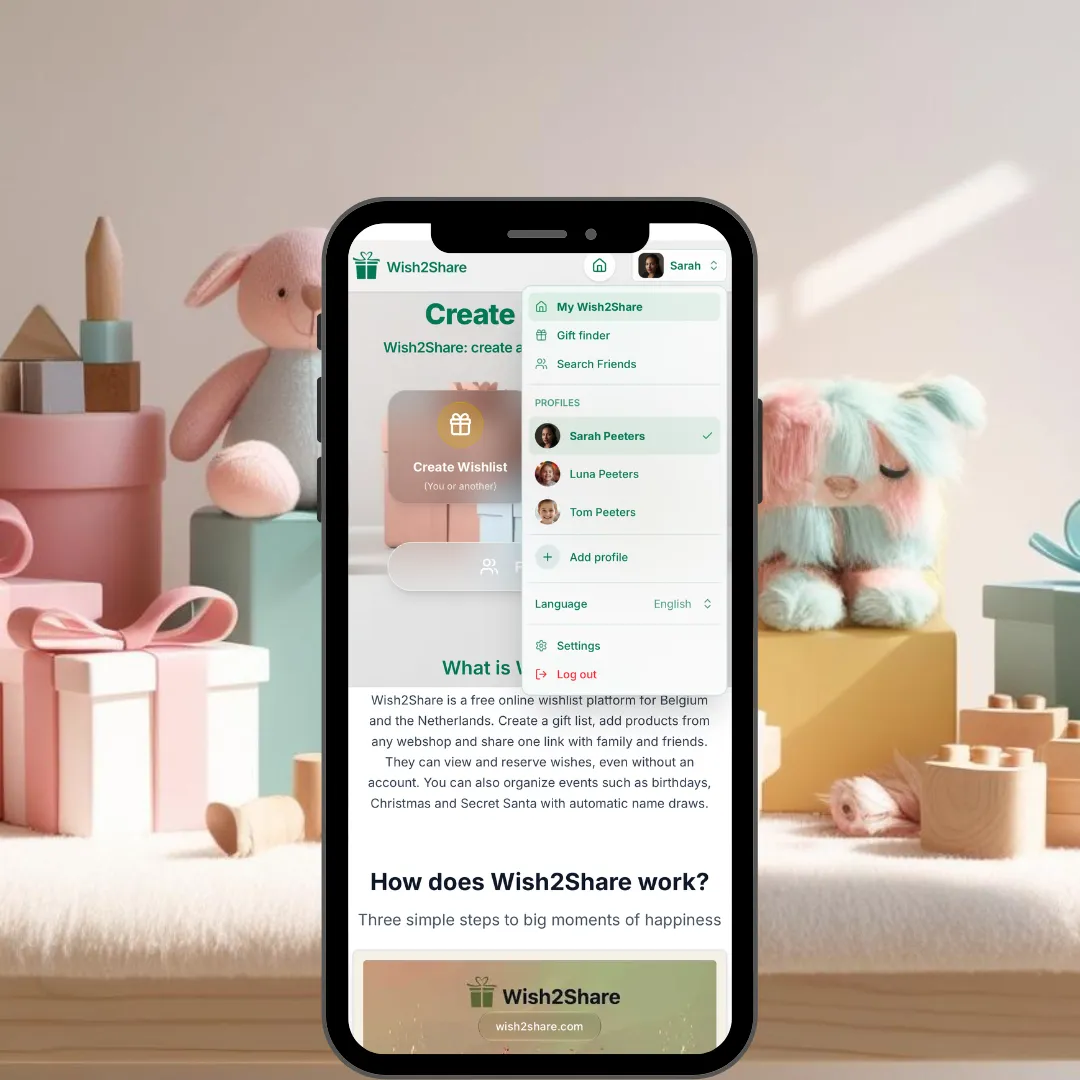 Screenshot of Wish2Share on a smartphone: the profile menu with the profiles Sarah, Luna and Tom Peeters, the Add profile button and the language picker