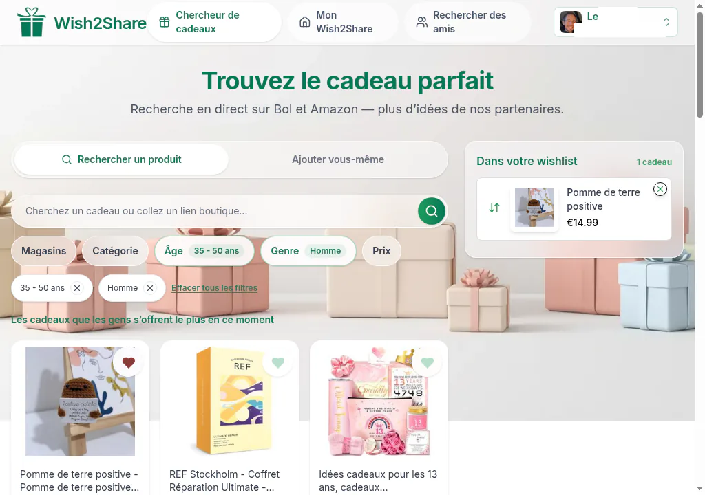 Capture du chercheur de cadeaux Wish2Share avec résultats et wishlist