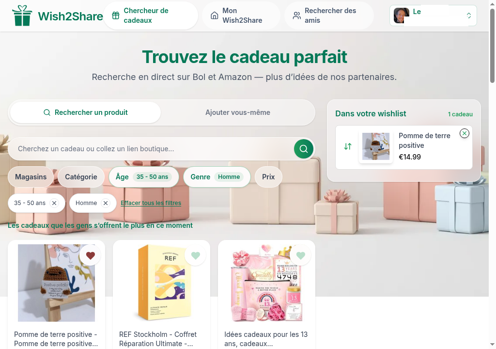 Capture du chercheur de cadeaux Wish2Share avec résultats et wishlist