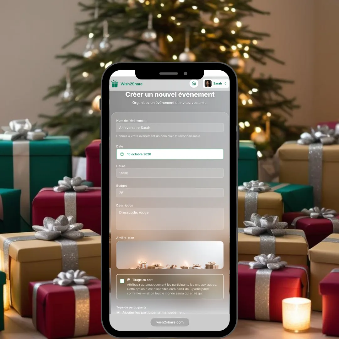 Capture de Wish2Share sur smartphone : le formulaire Créer un nouvel événement avec nom, date, heure, budget, arrière-plan et l’option Tirage au sort