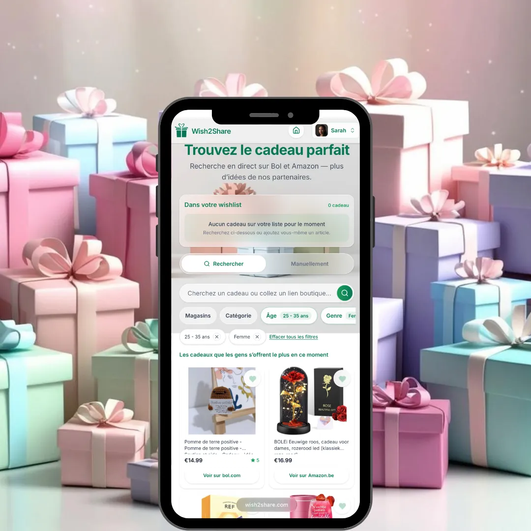 Capture du chercheur de cadeaux Wish2Share sur smartphone : recherche en direct sur Bol et Amazon, filtres d’âge et de genre et cadeaux populaires