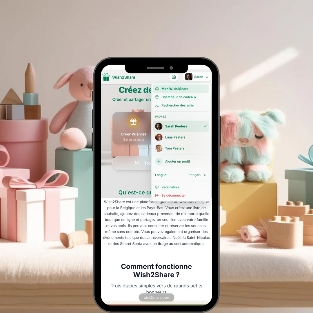Capture de Wish2Share sur smartphone : le menu des profils avec Sarah, Luna et Tom Peeters, le bouton Ajouter un profil et le choix de la langue
