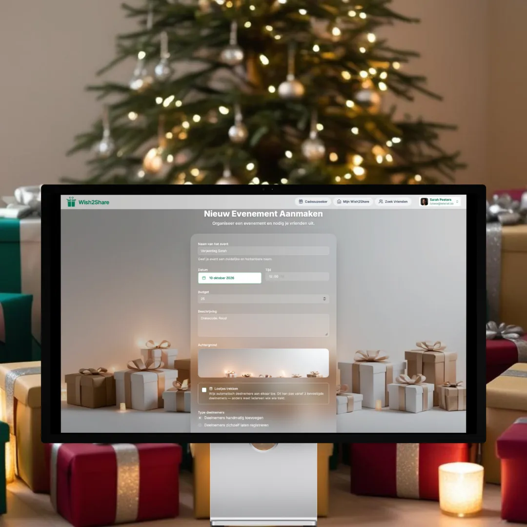 Screenshot van Wish2Share op een computerscherm: het formulier Nieuw evenement aanmaken met naam, datum, budget, achtergrond en de optie Lootjes trekken
