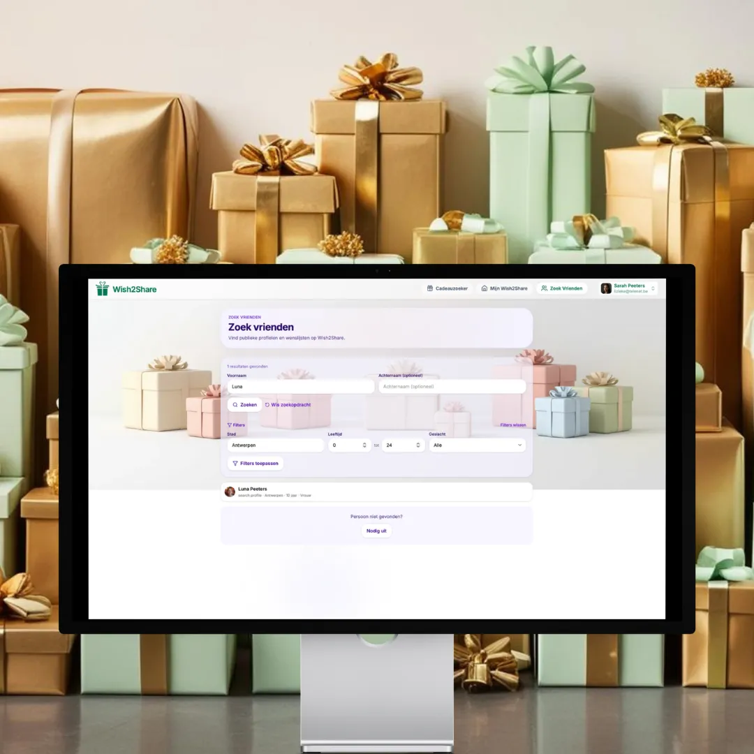 Screenshot van Wish2Share op een computerscherm: Zoek vrienden met zoeken op naam, filters op stad, leeftijd en geslacht en het gevonden profiel van Luna Peeters