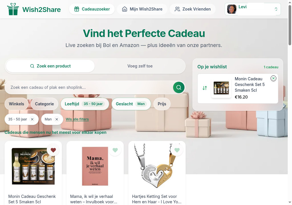 Screenshot van de Wish2Share cadeauzoeker met resultaten en wishlist