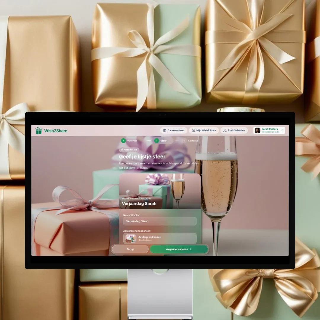 Screenshot van Wish2Share op een computerscherm: stap 2 ‘Sfeer’ bij het maken van de wishlist ‘Verjaardag Sarah’, met naam en achtergrondfoto