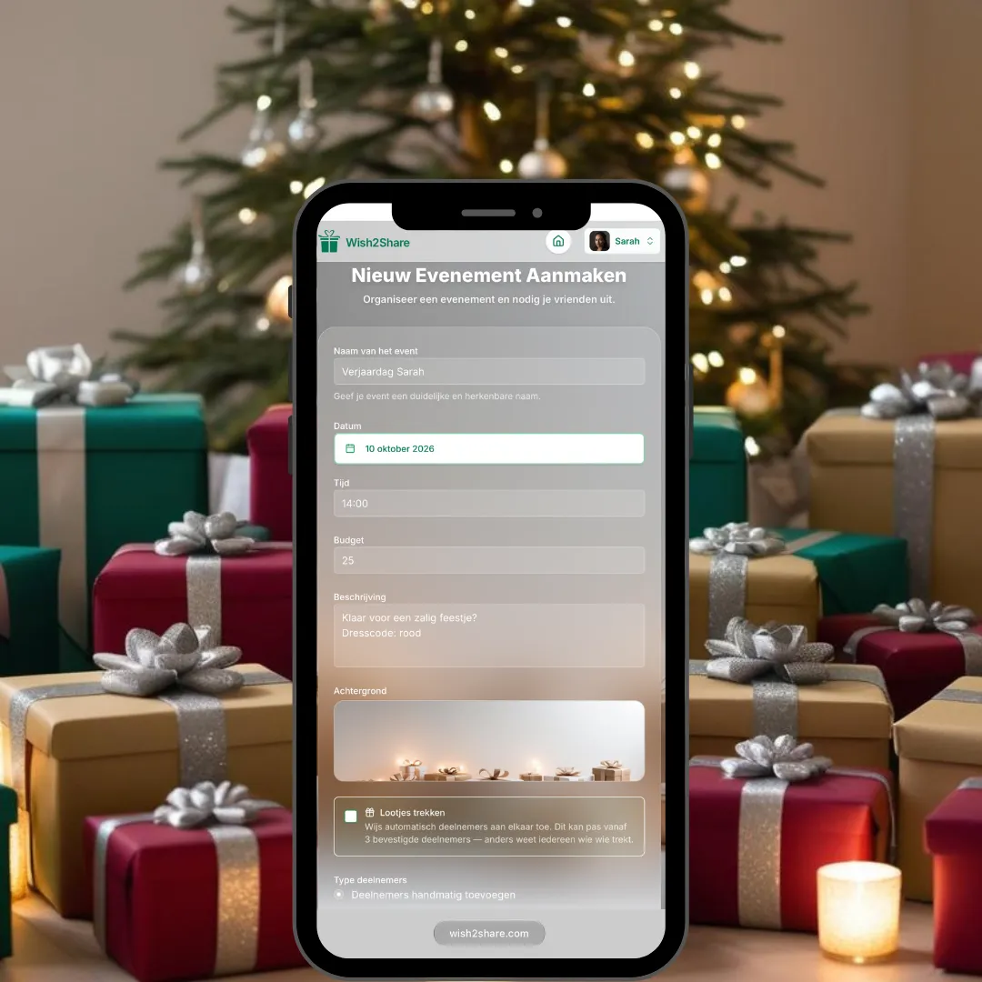 Screenshot van Wish2Share op een smartphone: het formulier Nieuw evenement aanmaken met naam, datum, tijd, budget, achtergrond en de optie Lootjes trekken