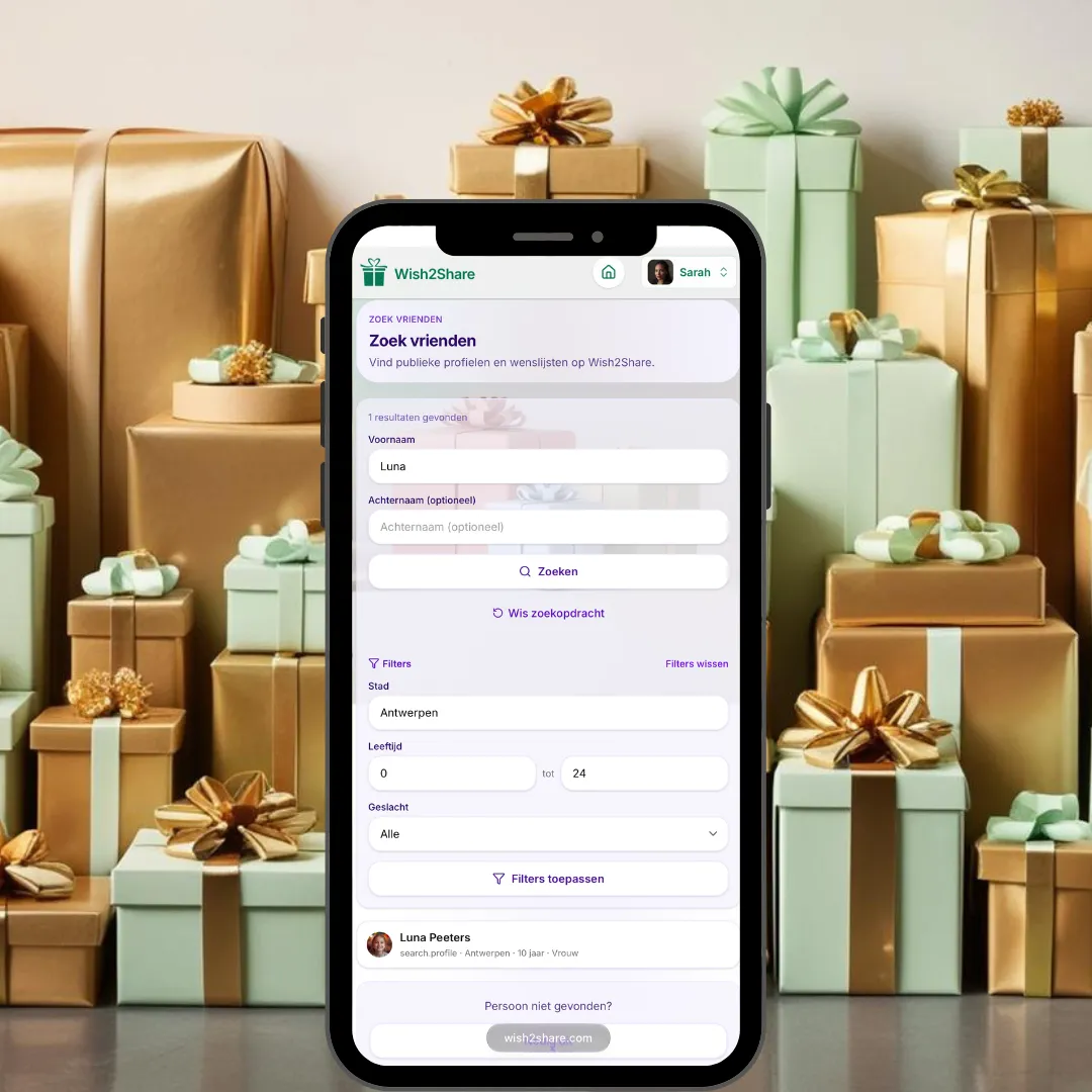 Screenshot van Wish2Share op een smartphone: Zoek vrienden met zoeken op naam, filters op stad, leeftijd en geslacht en het gevonden profiel van Luna Peeters