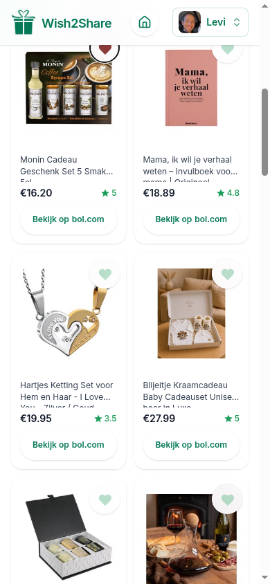 Screenshot van de Wish2Share cadeauzoeker met resultaten en wishlist