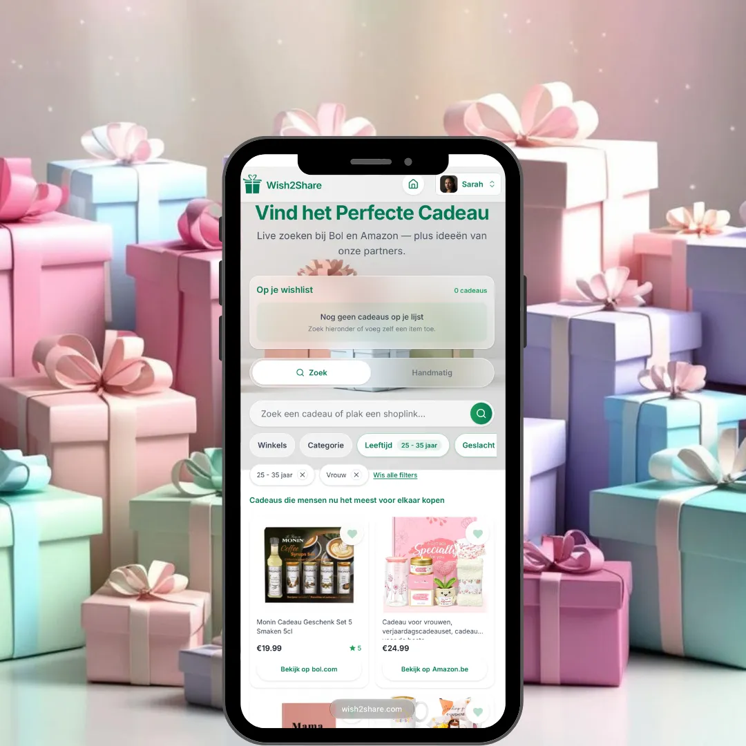 Screenshot van de Wish2Share cadeauzoeker op een smartphone: live zoeken bij Bol en Amazon, filters op leeftijd en geslacht en populaire cadeaus