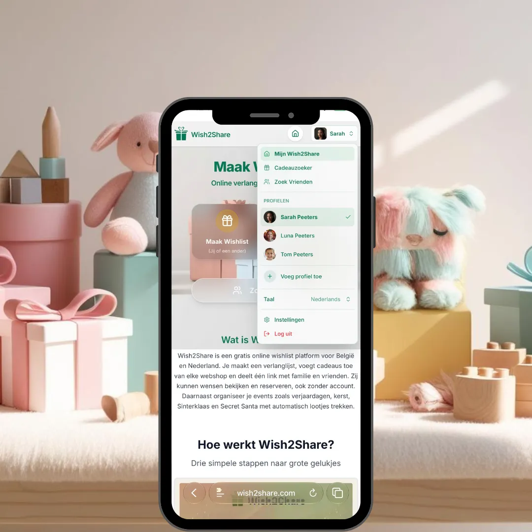 Screenshot van Wish2Share op een smartphone: het profielmenu met de profielen Sarah, Luna en Tom Peeters, de knop Profiel toevoegen en de taalkeuze