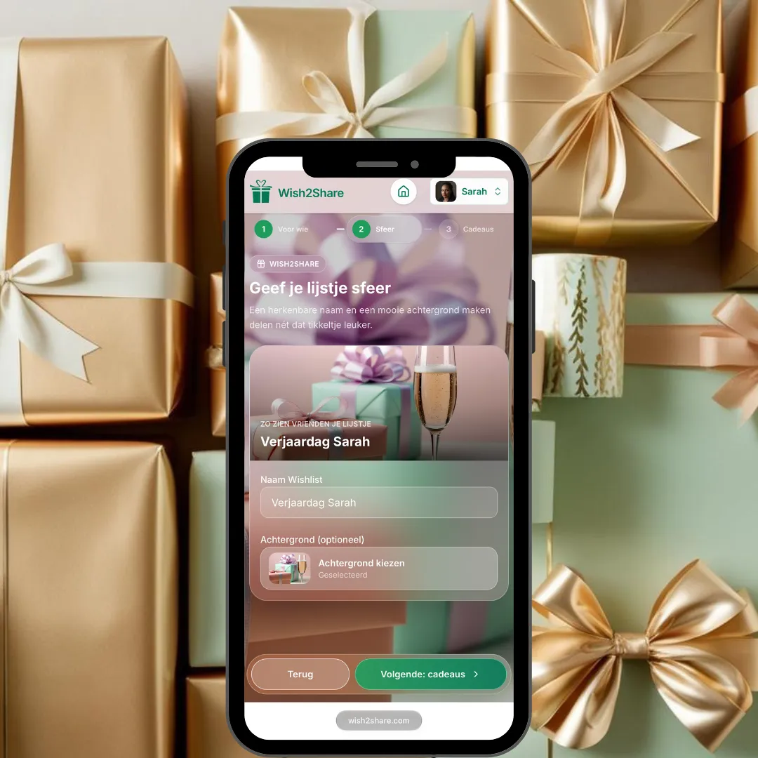Screenshot van Wish2Share op een smartphone: stap 2 ‘Sfeer’ bij het maken van de wishlist ‘Verjaardag Sarah’, met naam en achtergrondfoto